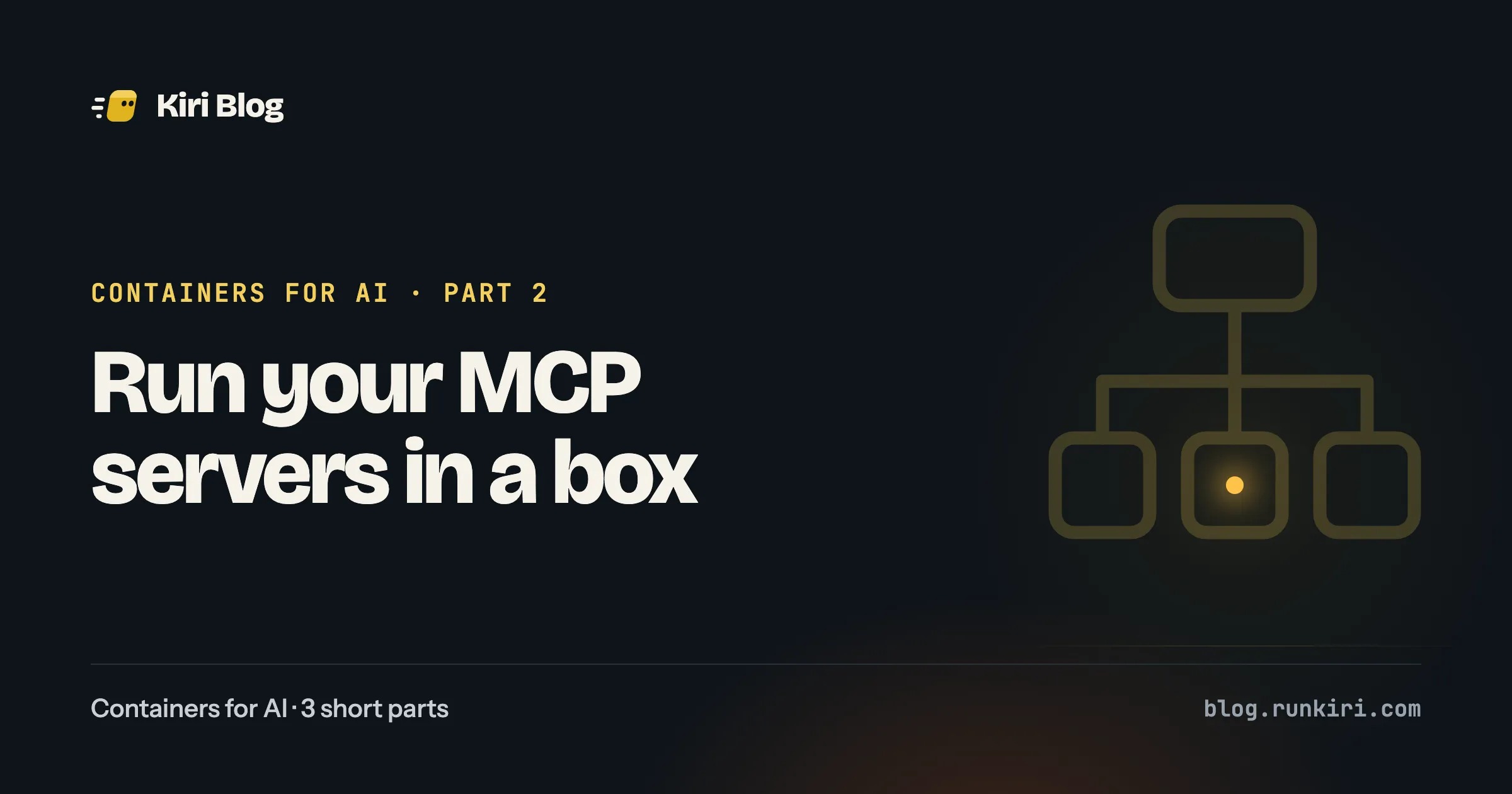 Containers for AI, part 2: Run your MCP servers in a box. A faint diagram of one box linked to three small boxes, with a glowing dot in the middle one.